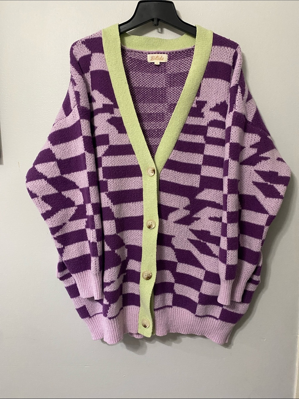 Listicle Purple & Lavender Geometric Cardigan with Lime Trim - Picture 1 of 4